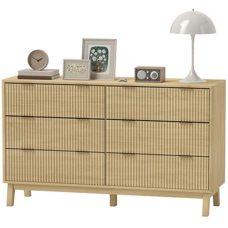 Natural Fluted Six-Drawer Dresser with Gold Pulls