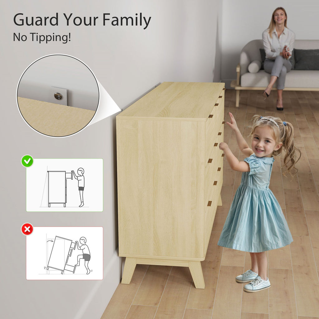 Natural Fluted Six-Drawer Dresser with Gold Pulls