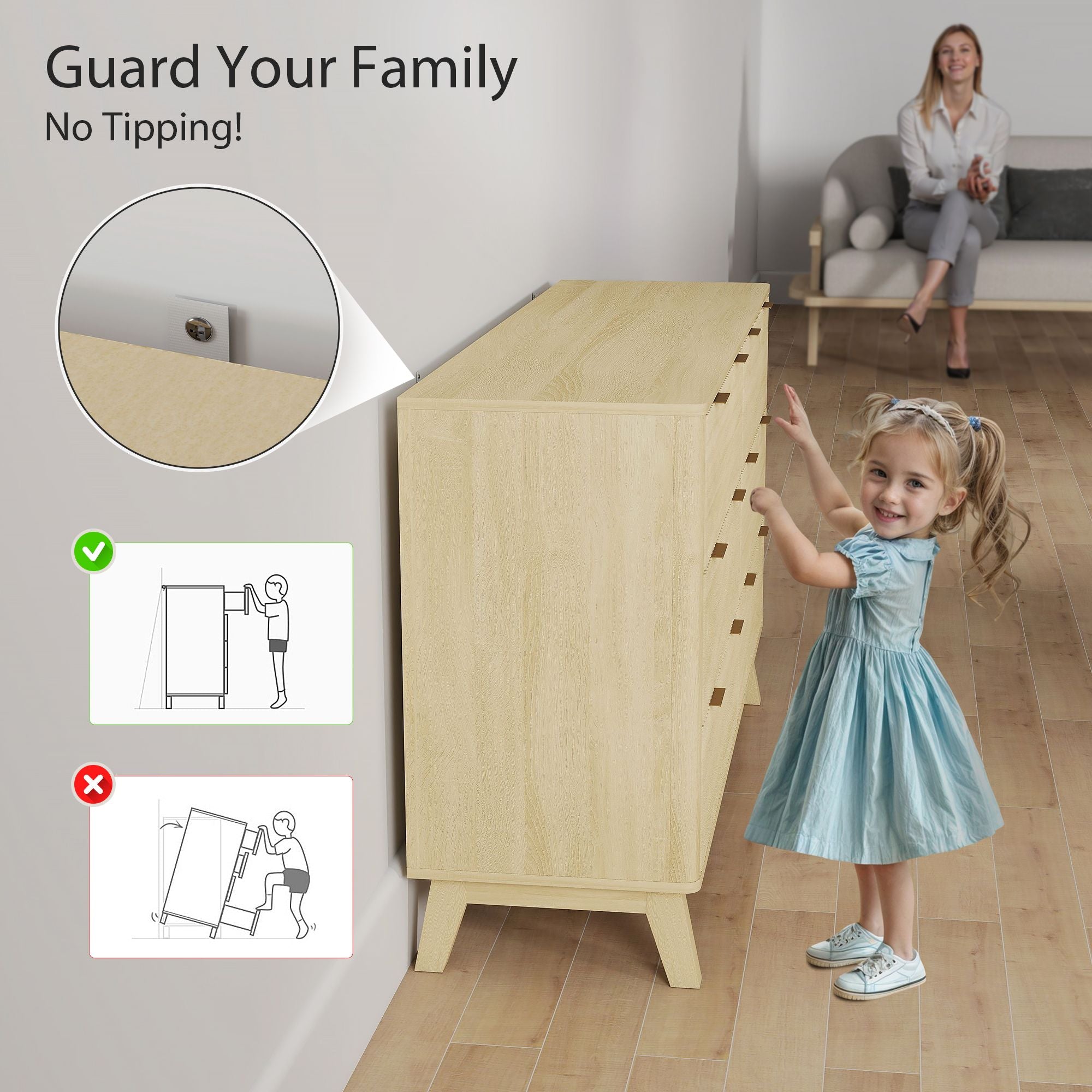 Natural Fluted Six-Drawer Dresser with Gold Pulls