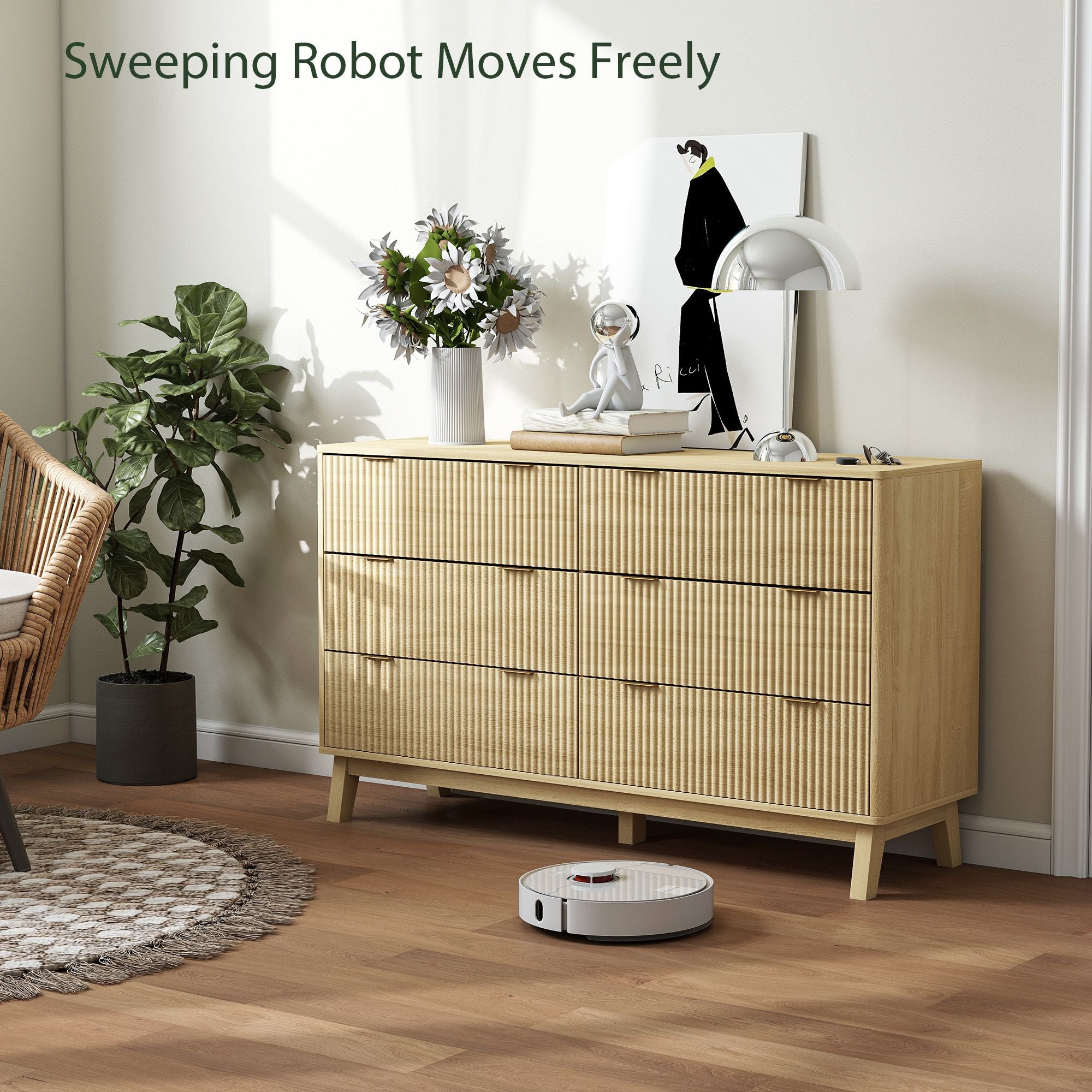 Natural Fluted Six-Drawer Dresser with Gold Pulls