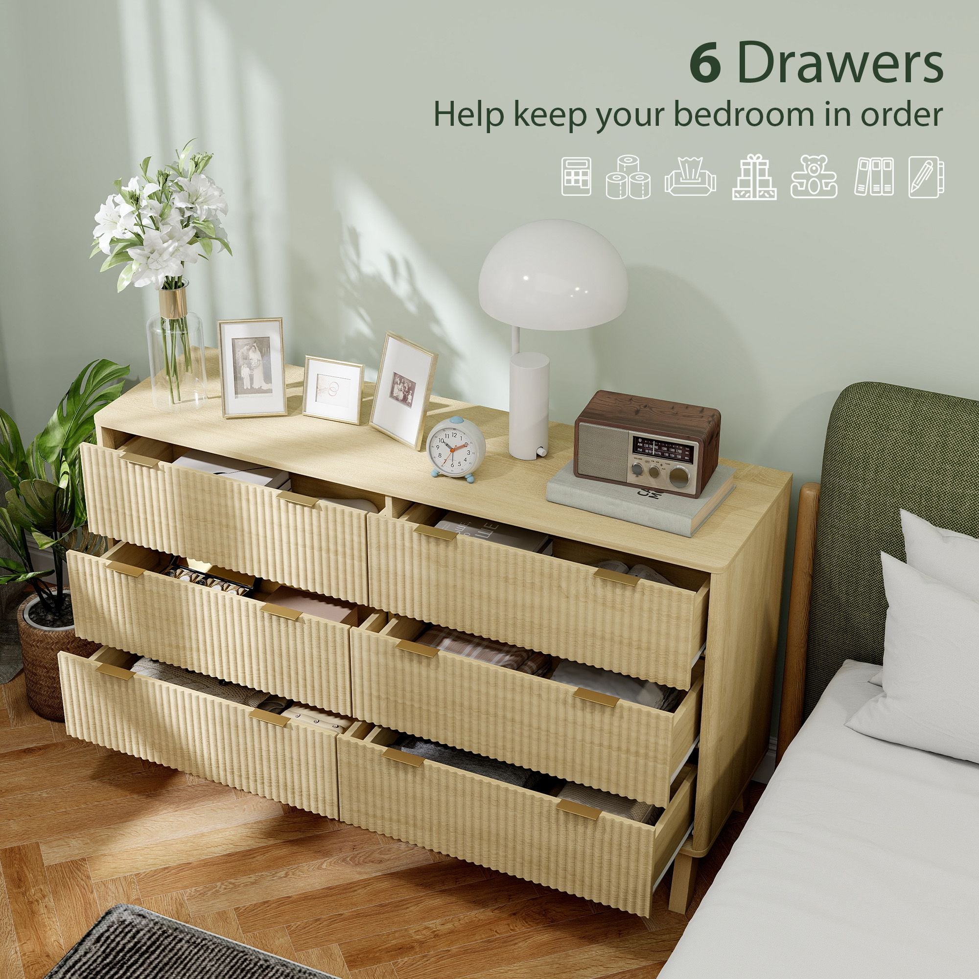Natural Fluted Six-Drawer Dresser with Gold Pulls