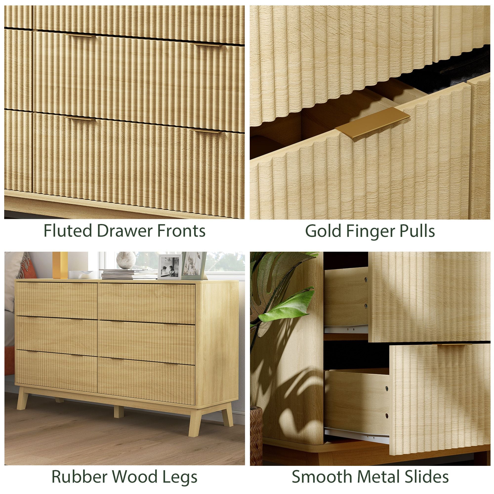 Natural Fluted Six-Drawer Dresser with Gold Pulls
