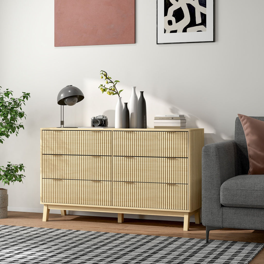 Natural Fluted Six-Drawer Dresser with Gold Pulls
