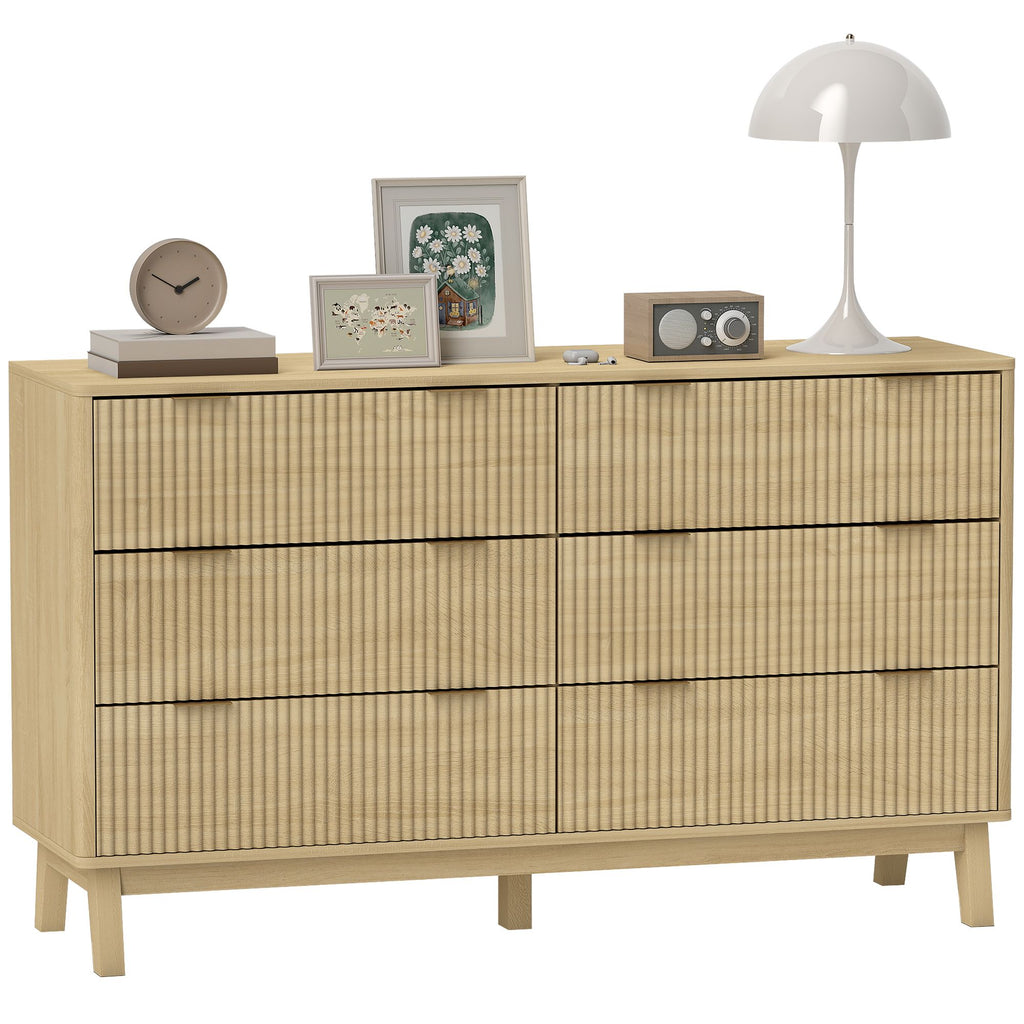 Natural Fluted Six-Drawer Dresser with Gold Pulls