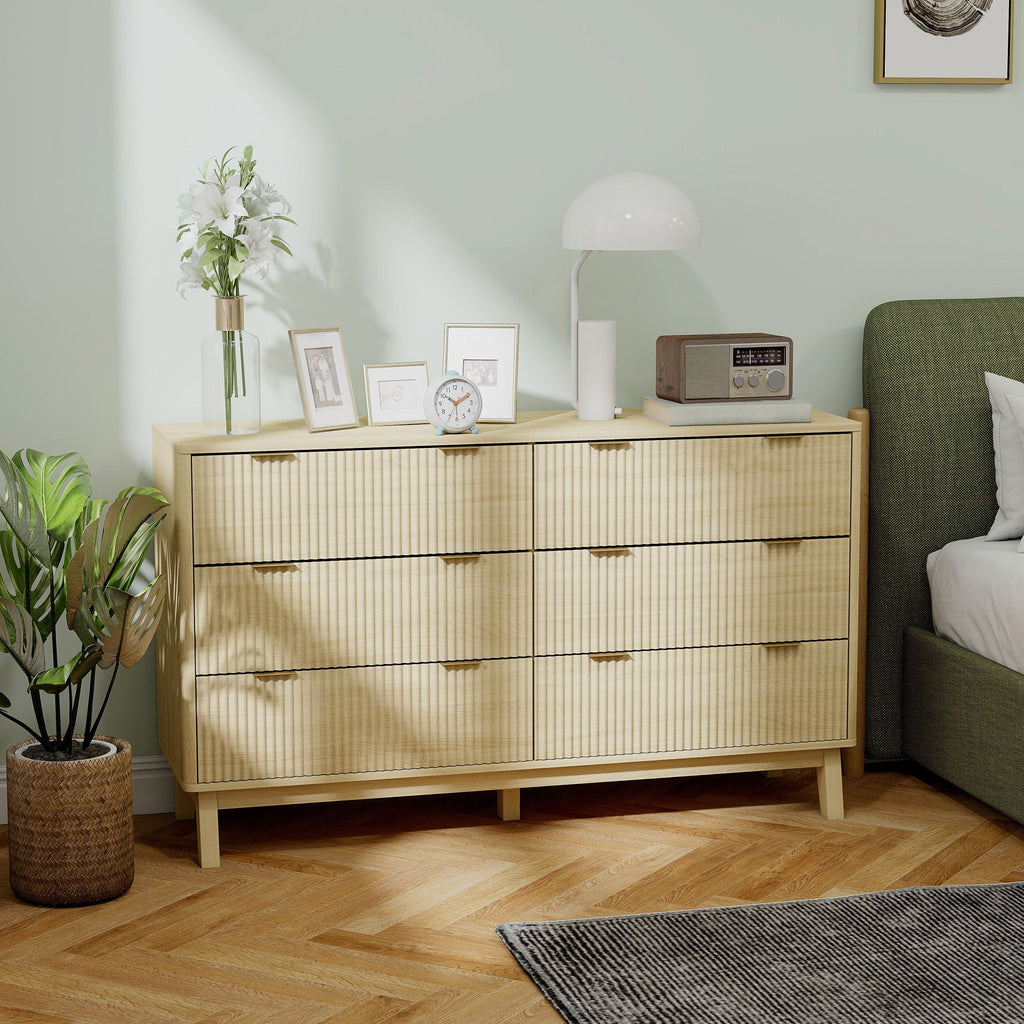 Natural Fluted Six-Drawer Dresser with Gold Pulls