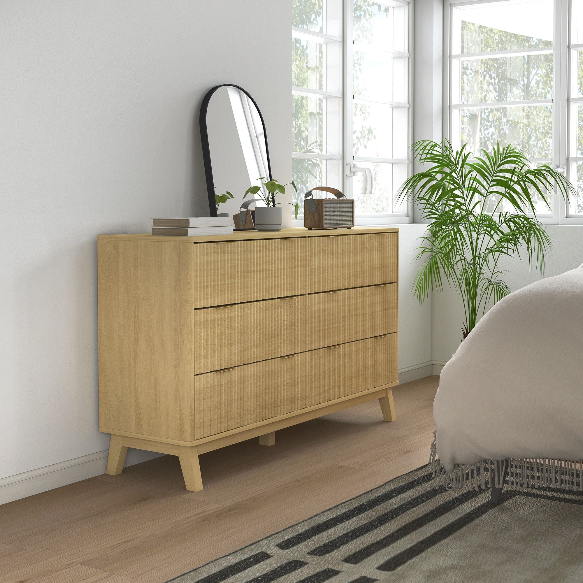Natural Fluted Six-Drawer Dresser with Gold Pulls