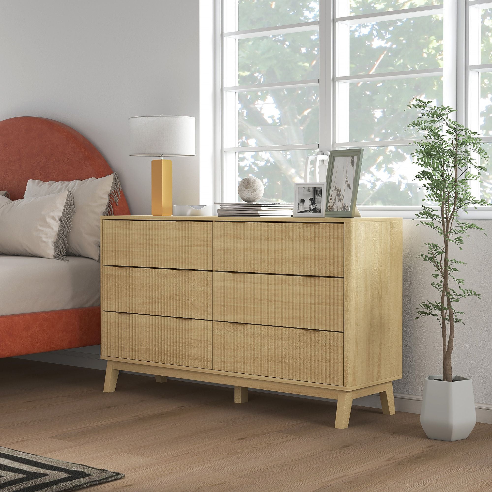 Natural Fluted Six-Drawer Dresser with Gold Pulls