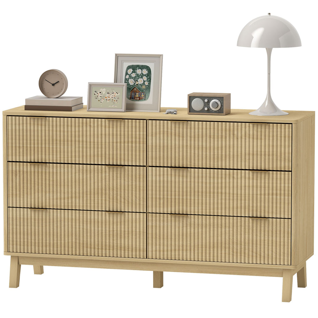 Natural Fluted Six-Drawer Dresser with Gold Pulls