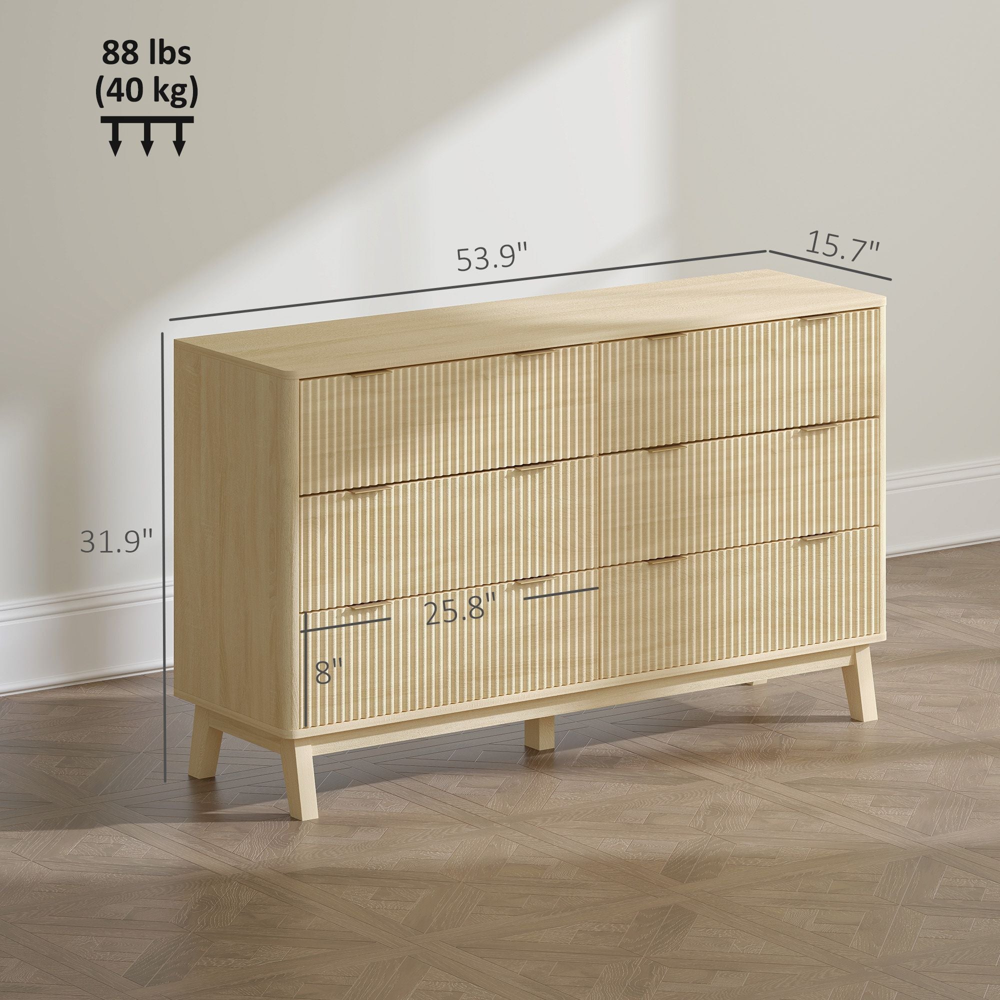Natural Fluted Six-Drawer Dresser with Gold Pulls