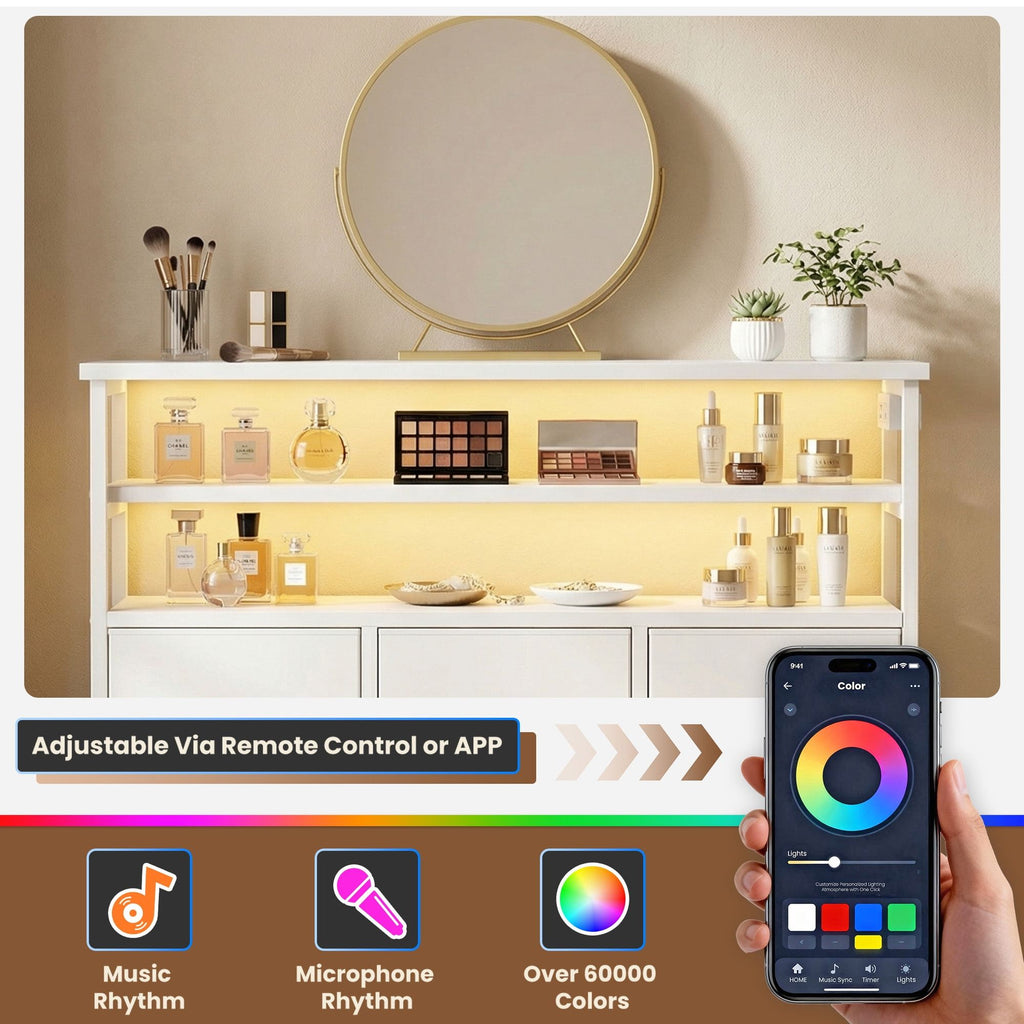 6-Drawer Fabric Dresser with Power Outlets and LED Light, Storage Organizer and TV Stand for Bedroom