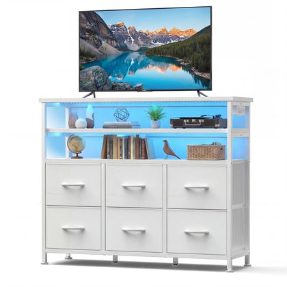 6-Drawer Fabric Dresser with Power Outlets and LED Light, Storage Organizer and TV Stand for Bedroom