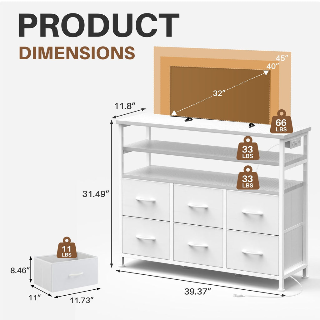 6-Drawer Fabric Dresser with Power Outlets and LED Light, Storage Organizer and TV Stand for Bedroom
