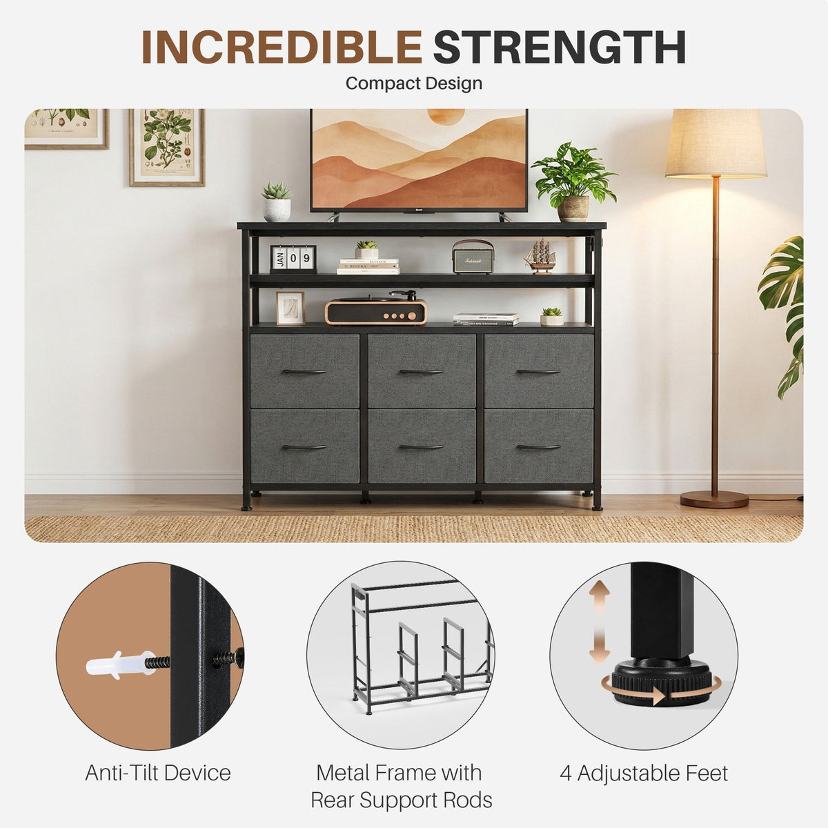 LED Dresser TV Stand with Drawers and Charging Station