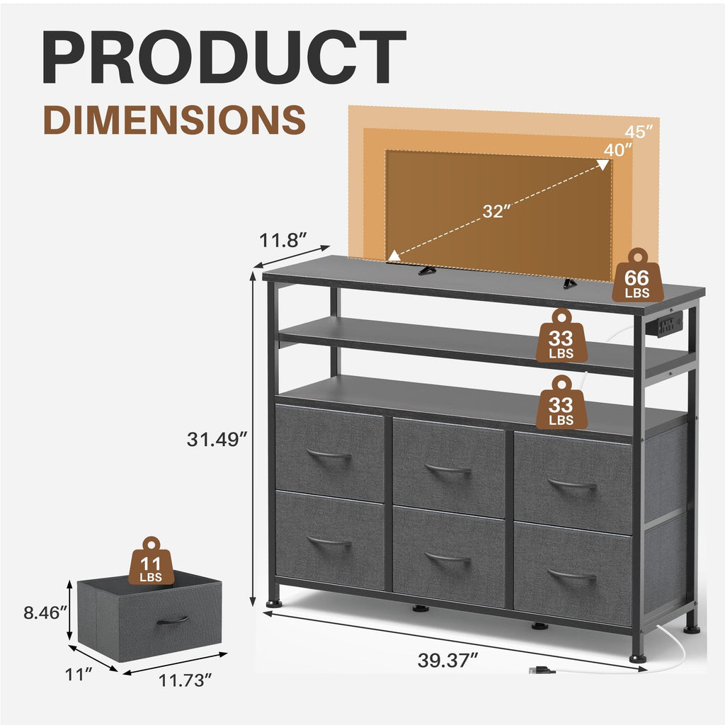 LED Dresser TV Stand with Drawers and Charging Station