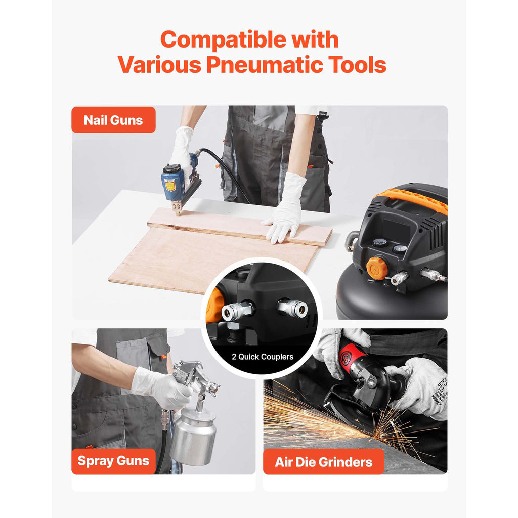6 Gallon Air Compressor with Oil-Free Motor, 150 PSI Max Pressure for Tire Inflation and Pneumatic Tools