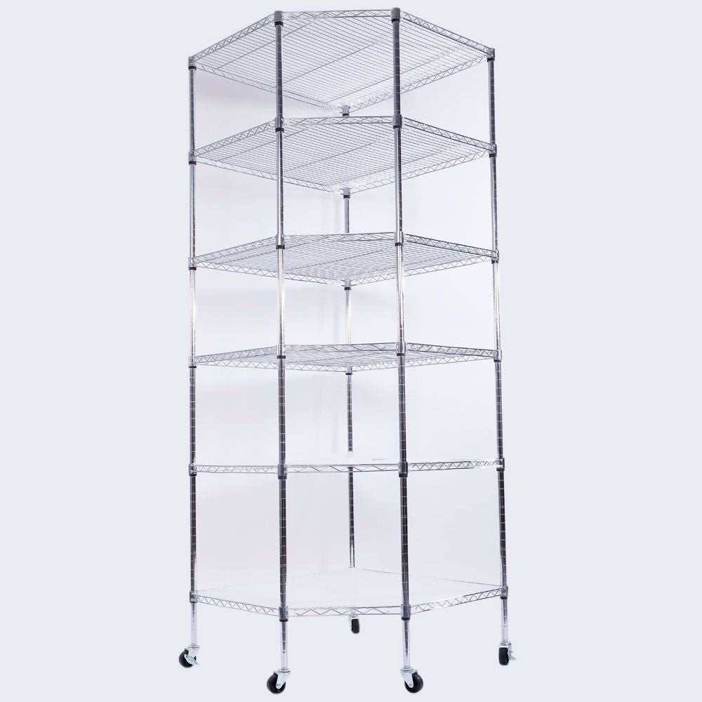 6-Layer Chrome Corner Shelf with Wheels – Space-Saving Storage for Home or Shop