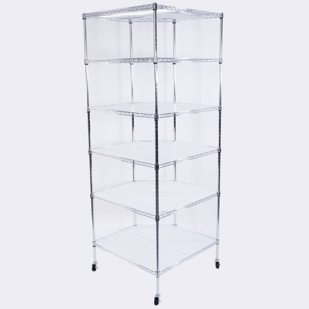 6-Layer Chrome Corner Shelf with Wheels – Space-Saving Storage for Home or Shop