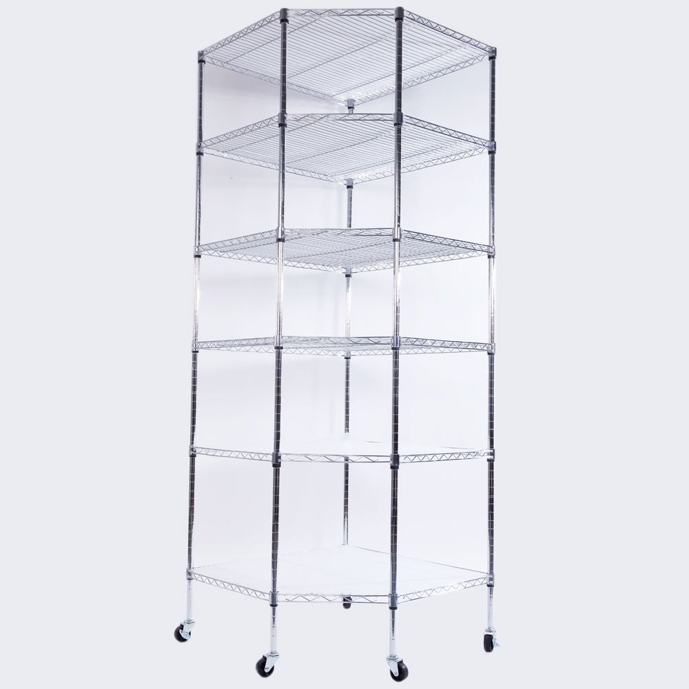 6-Layer Chrome Corner Shelf with Wheels – Space-Saving Storage for Home or Shop