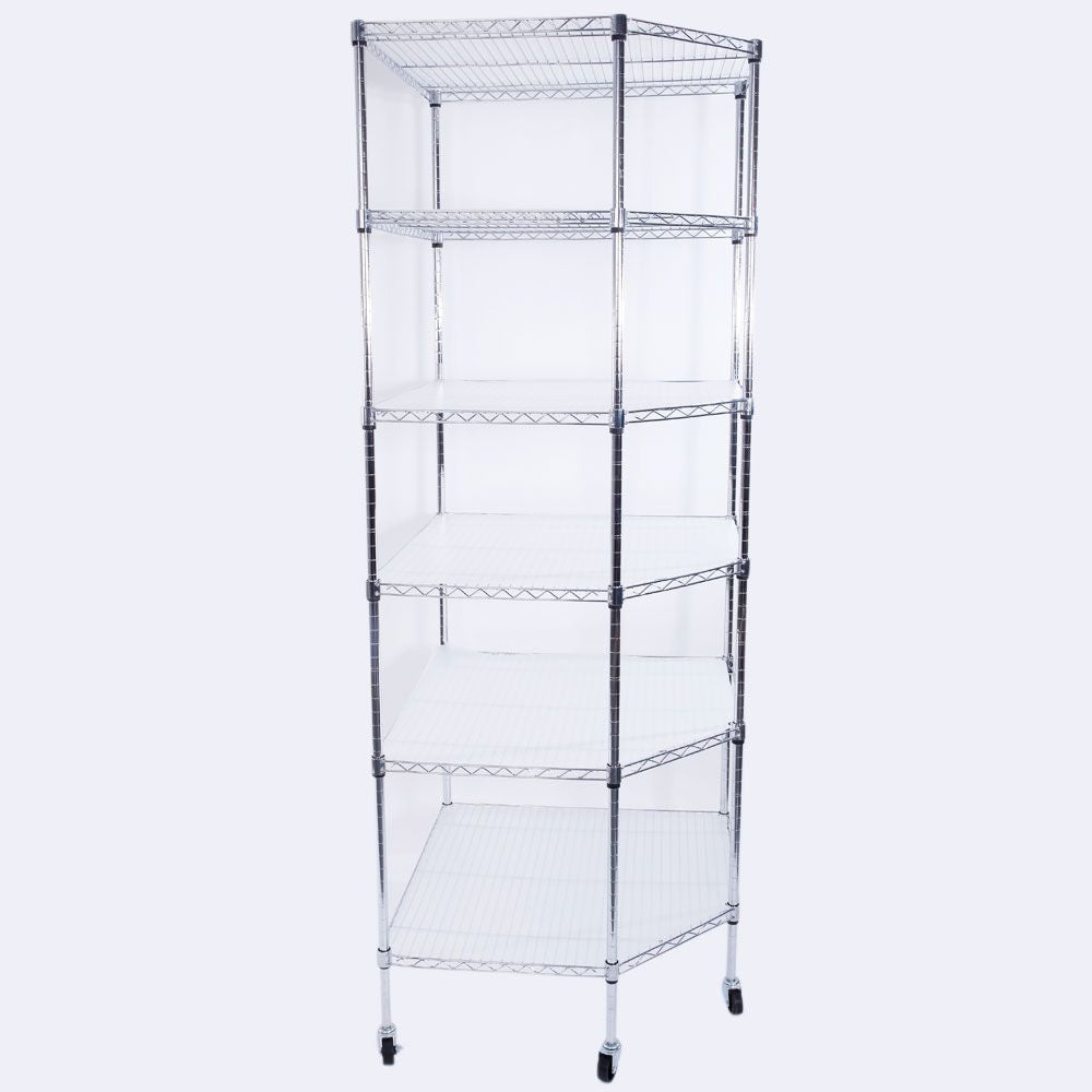 6-Layer Chrome Corner Shelf with Wheels – Space-Saving Storage for Home or Shop