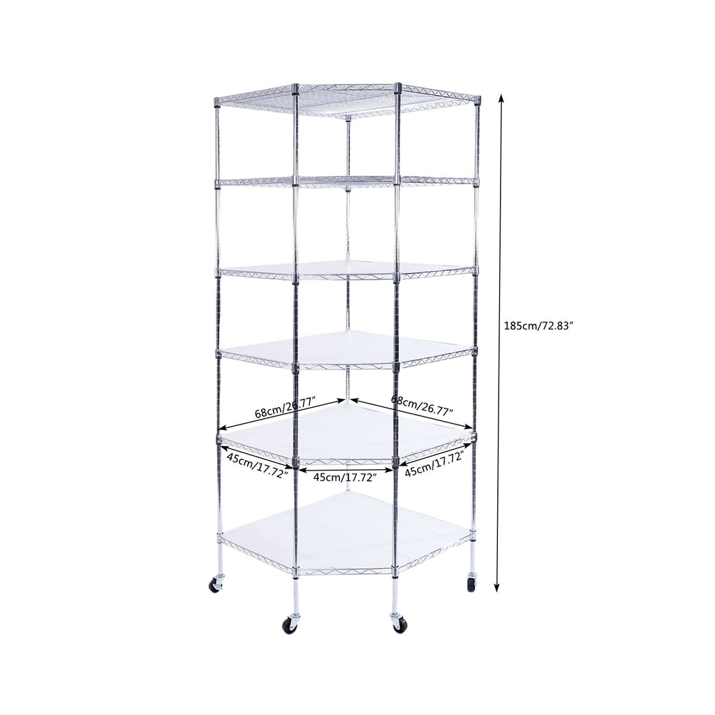 6-Layer Chrome Corner Shelf with Wheels – Space-Saving Storage for Home or Shop