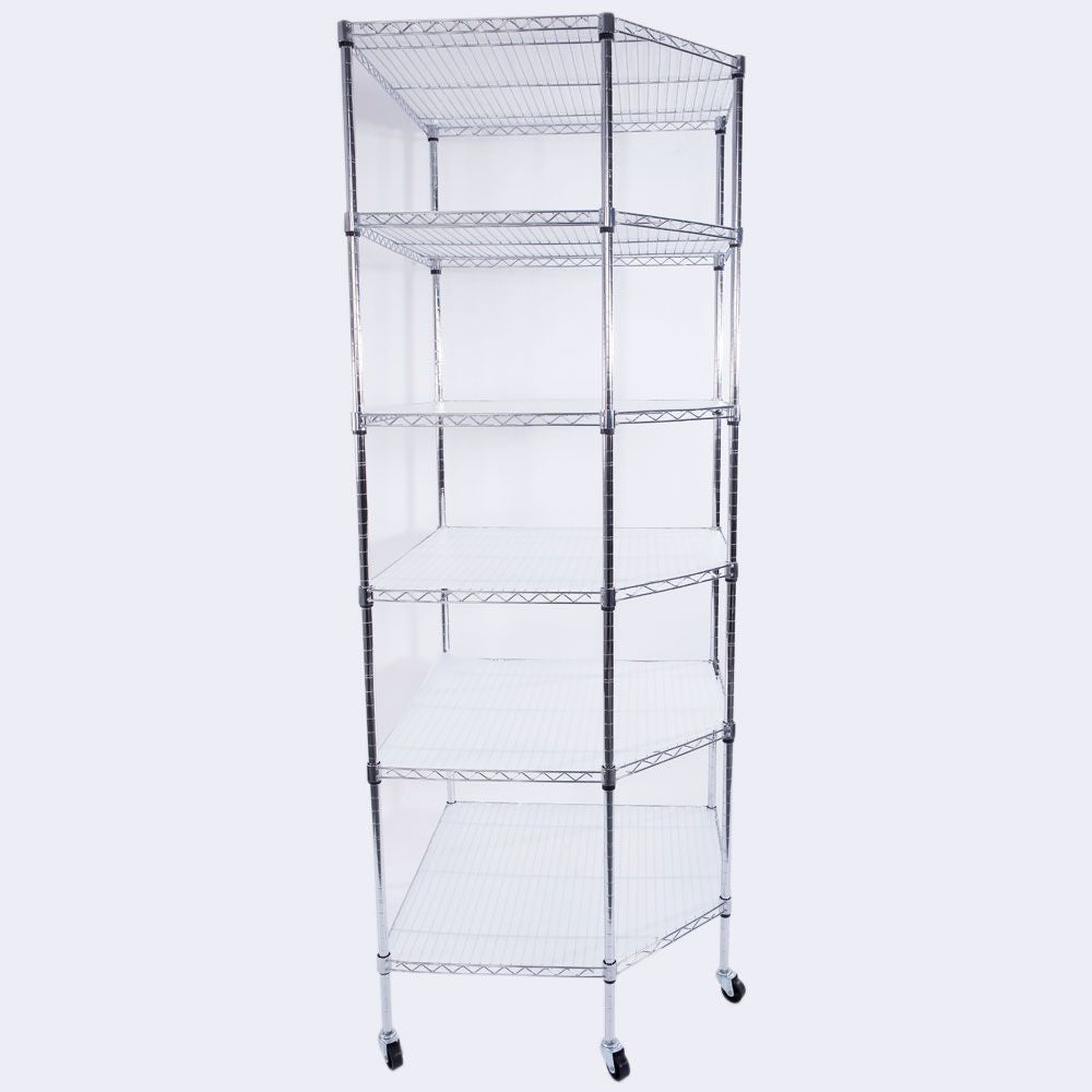 6-Layer Chrome Corner Shelf with Wheels – Space-Saving Storage for Home or Shop