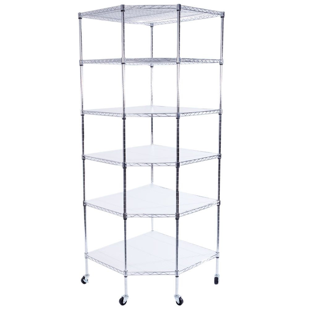 6-Layer Chrome Corner Shelf with Wheels – Space-Saving Storage for Home or Shop