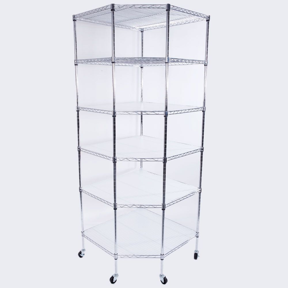 6-Layer Chrome Corner Shelf with Wheels – Space-Saving Storage for Home or Shop