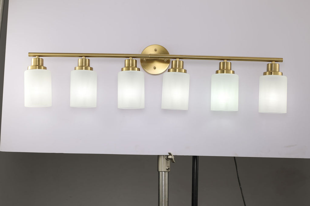 Golden Six-Light Vanity Fixture with Frosted Shades