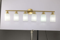 Golden Six-Light Vanity Fixture with Frosted Shades