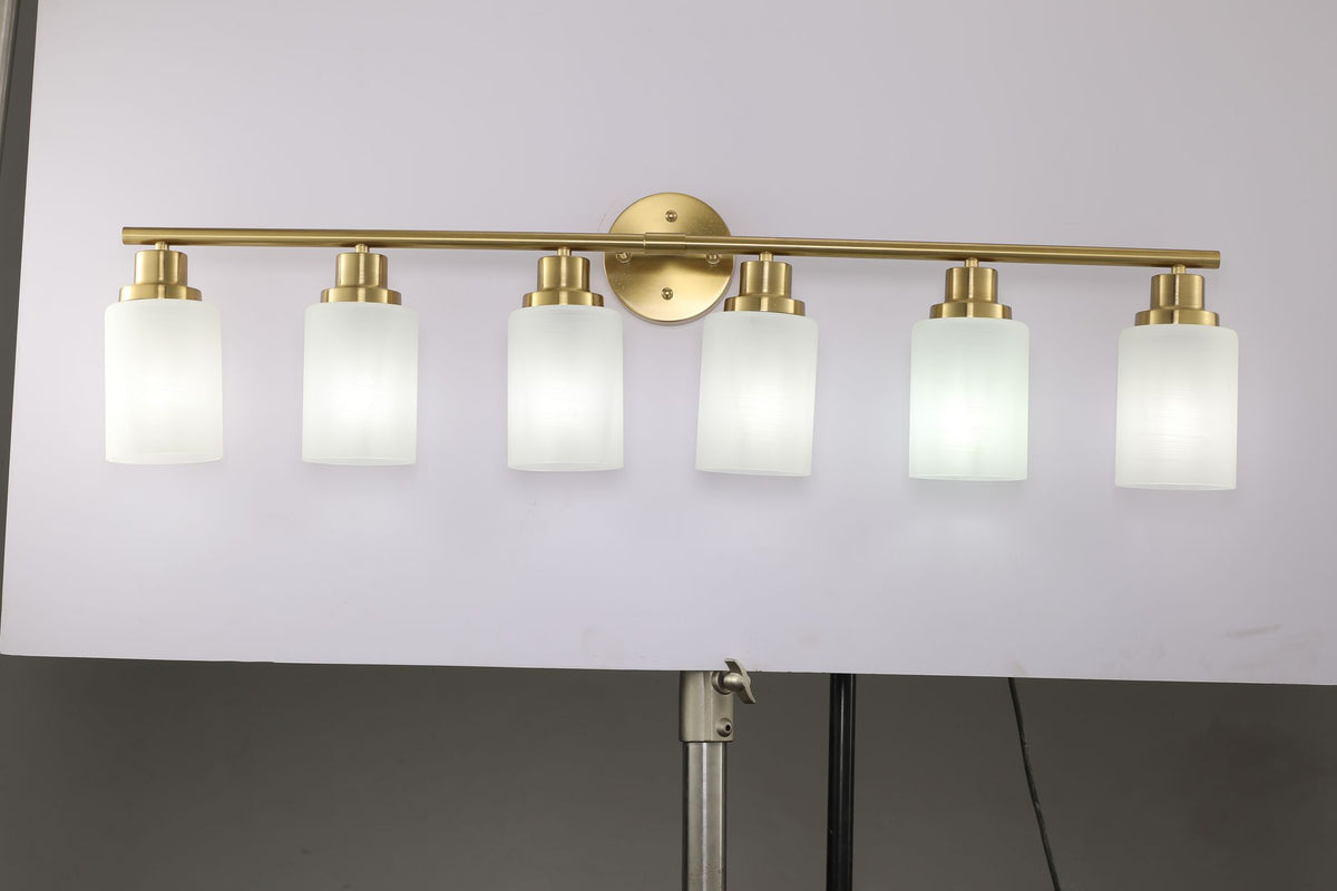 Golden Six-Light Vanity Fixture with Frosted Shades