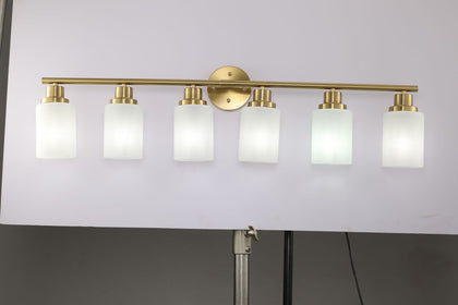 Golden Six-Light Vanity Fixture with Frosted Shades