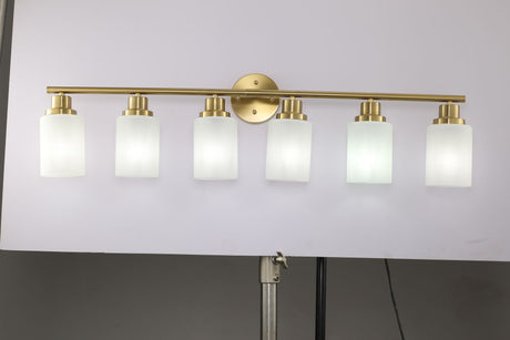 Golden Six-Light Vanity Fixture with Frosted Shades