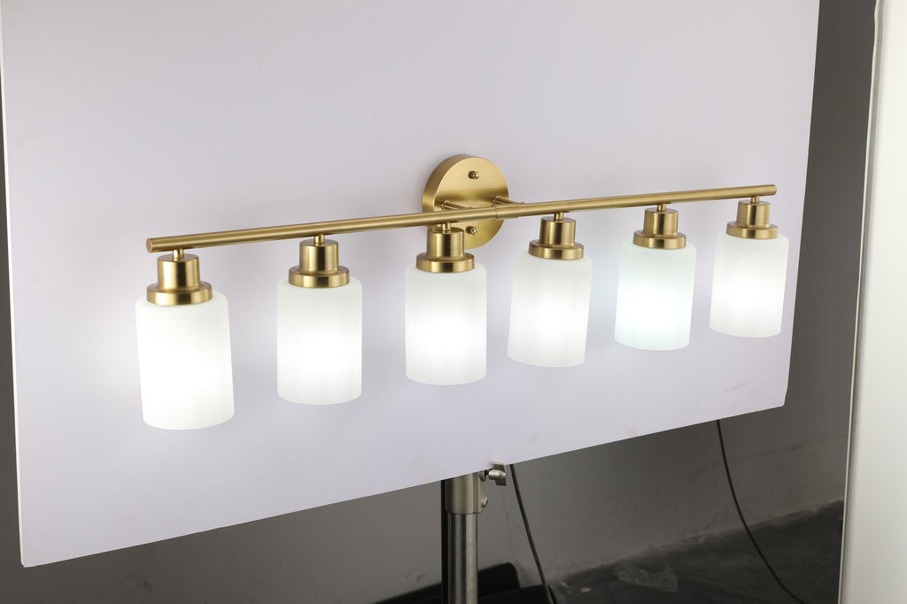 Golden Six-Light Vanity Fixture with Frosted Shades