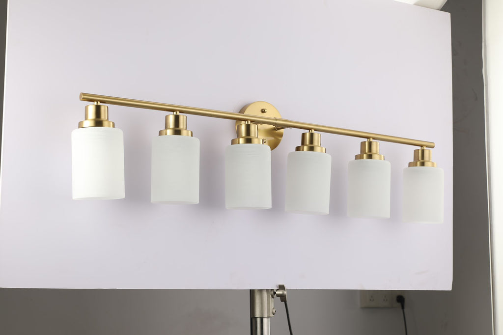 Golden Six-Light Vanity Fixture with Frosted Shades