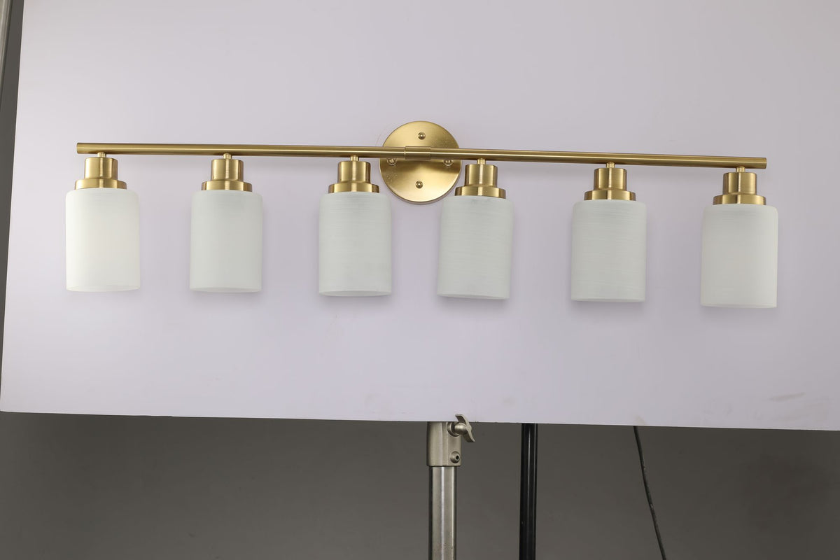 Golden Six-Light Vanity Fixture with Frosted Shades