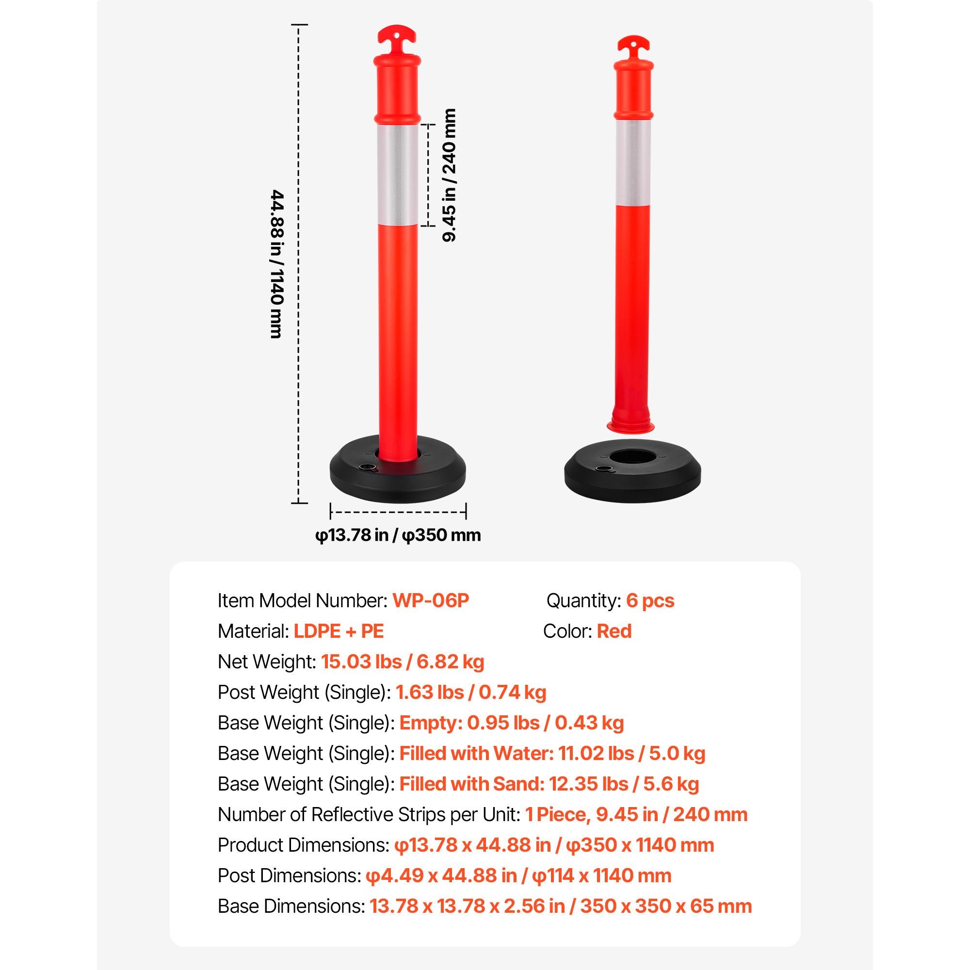 Traffic Delineator Posts with Reflective Strips and Portable Base
