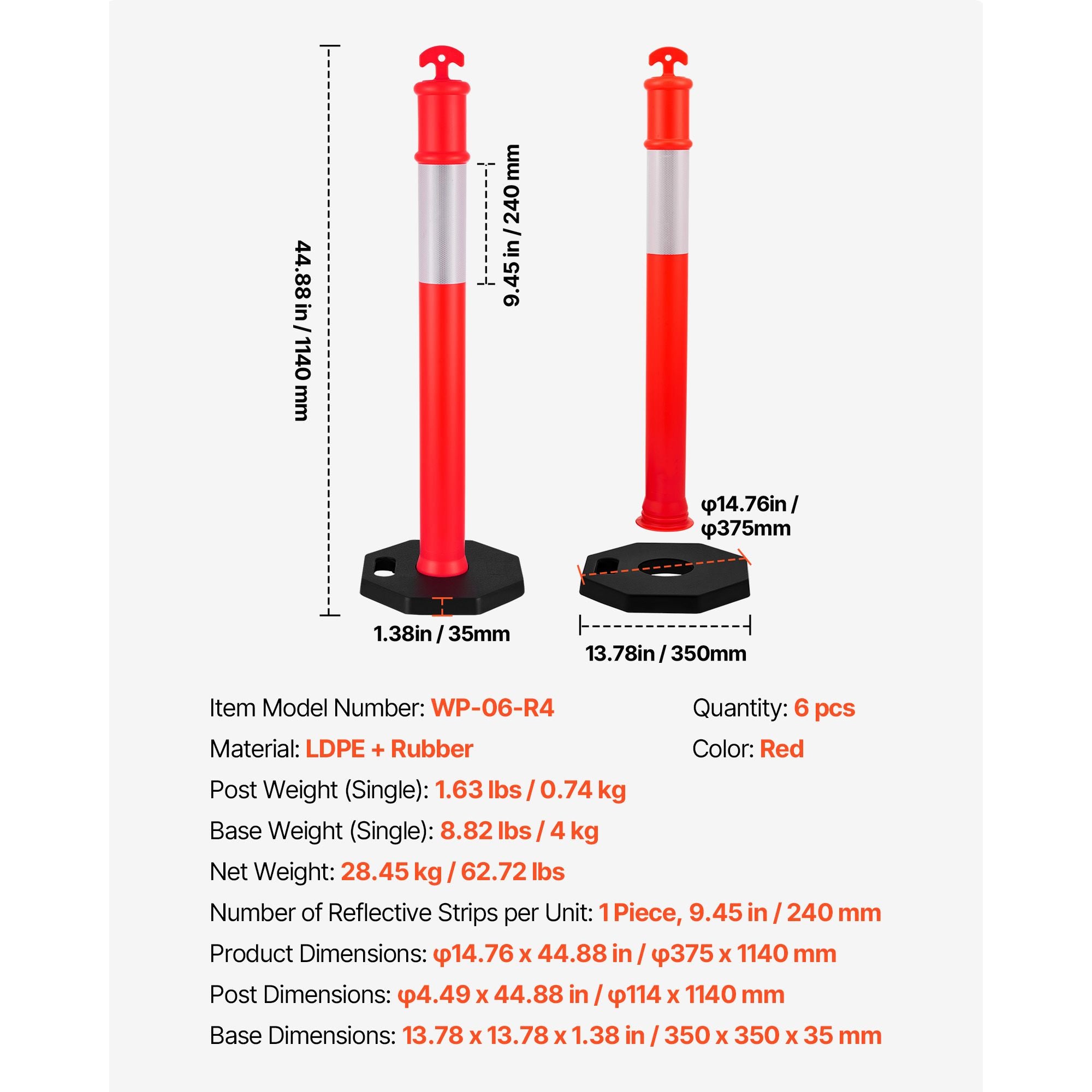 Reflective Traffic Delineator Posts with Weighted Bases