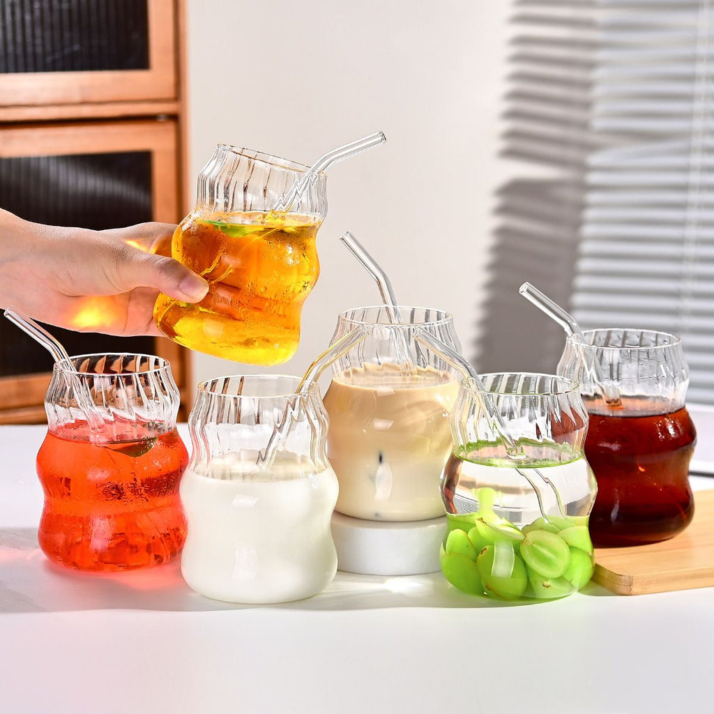 6-Pack Borosilicate Glass Cups with Straws - Microwave Safe Striped Cloud