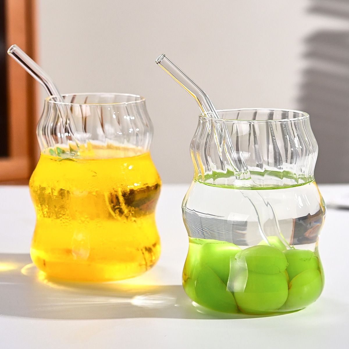 6-Pack Borosilicate Glass Cups with Straws - Microwave Safe Striped Cloud