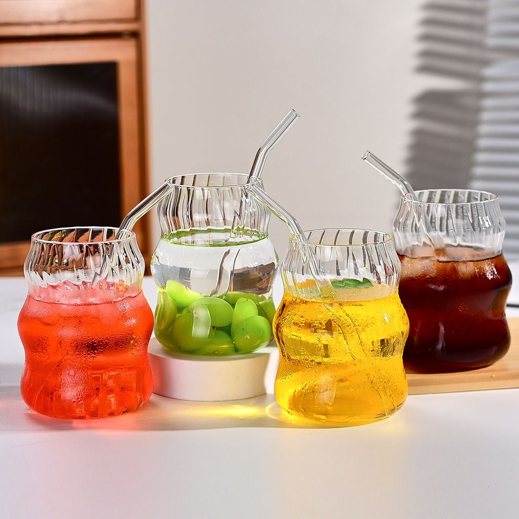 6-Pack Borosilicate Glass Cups with Straws - Microwave Safe Striped Cloud