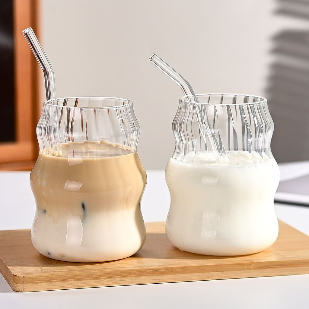 6-Pack Borosilicate Glass Cups with Straws - Microwave Safe Striped Cloud