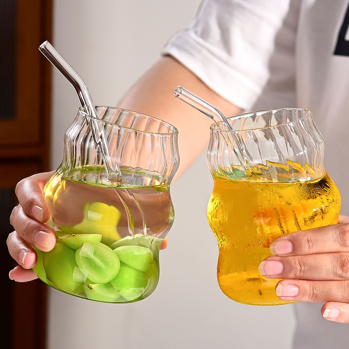 6-Pack Borosilicate Glass Cups with Straws - Microwave Safe Striped Cloud