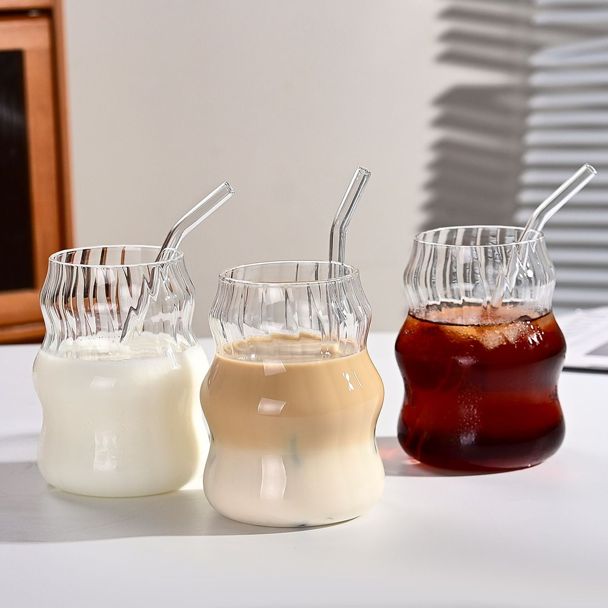 6-Pack Borosilicate Glass Cups with Straws - Microwave Safe Striped Cloud