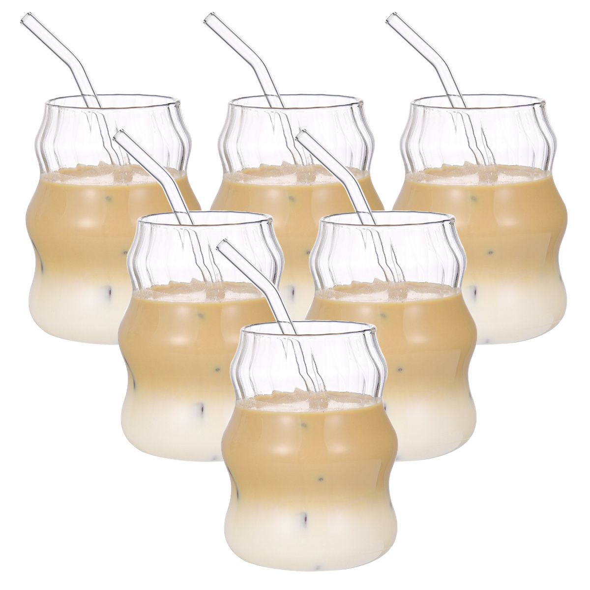 6-Pack Borosilicate Glass Cups with Straws - Microwave Safe Striped Cloud