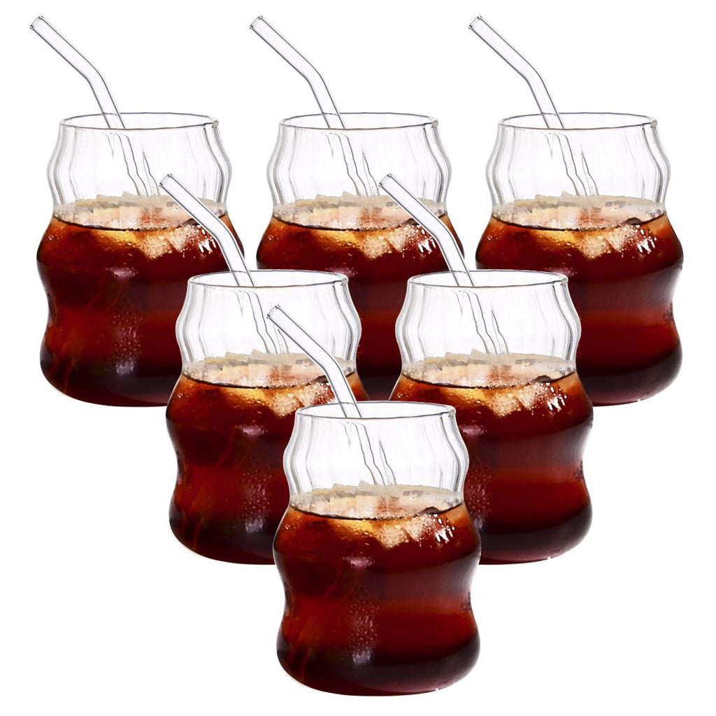 6-Pack Borosilicate Glass Cups with Straws - Microwave Safe Striped Cloud