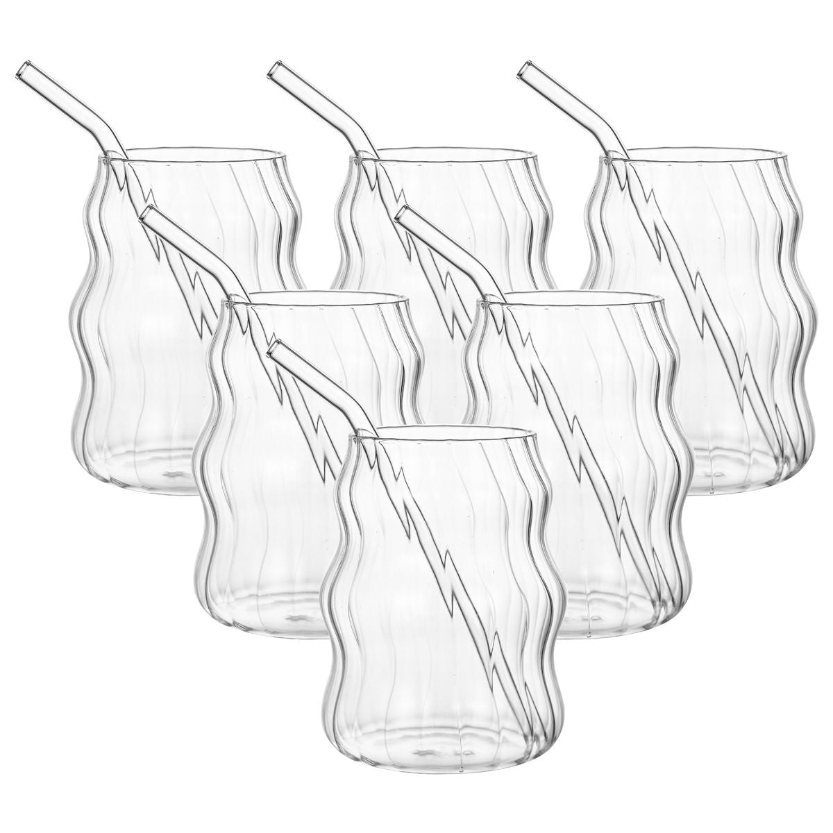 6-Pack Borosilicate Glass Cups with Straws - Microwave Safe Striped Cloud