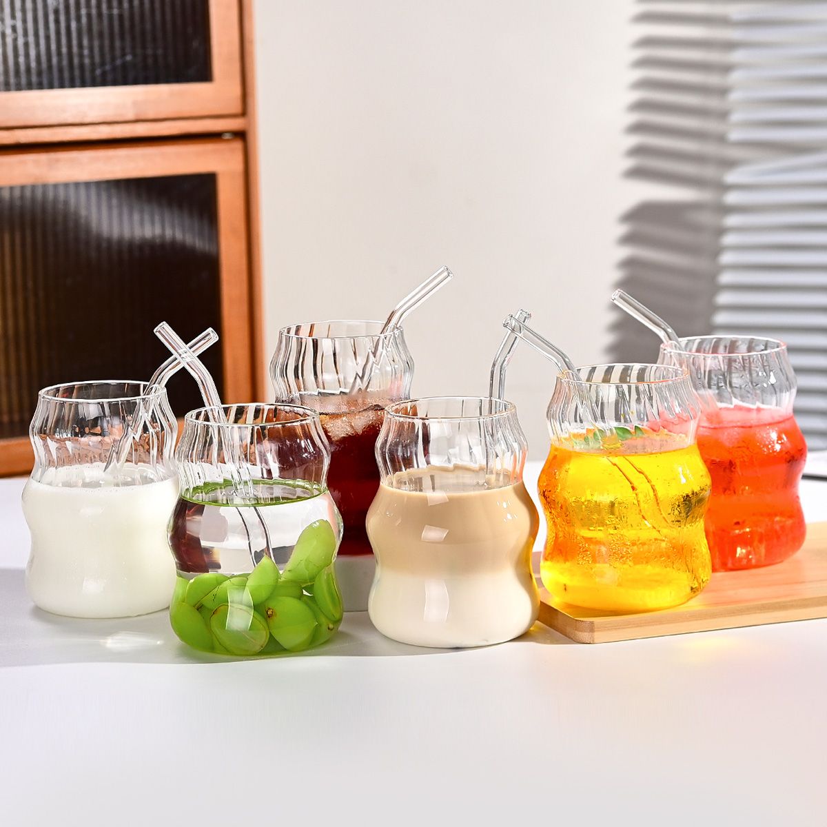 6-Pack Borosilicate Glass Cups with Straws - Microwave Safe Striped Cloud