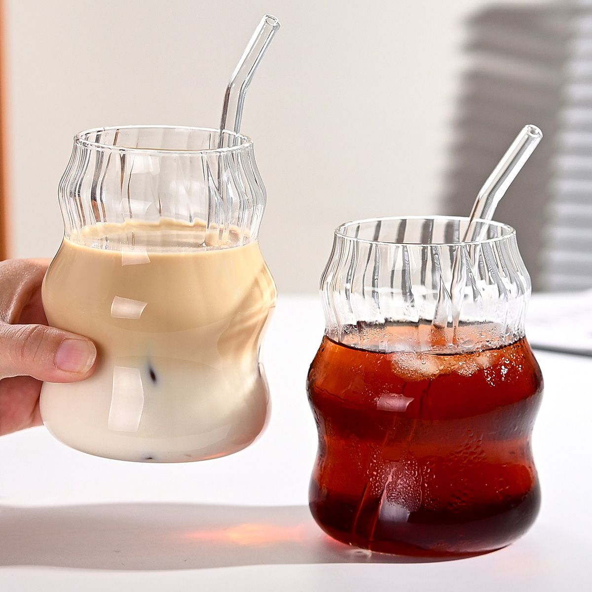 6-Pack Borosilicate Glass Cups with Straws - Microwave Safe Striped Cloud