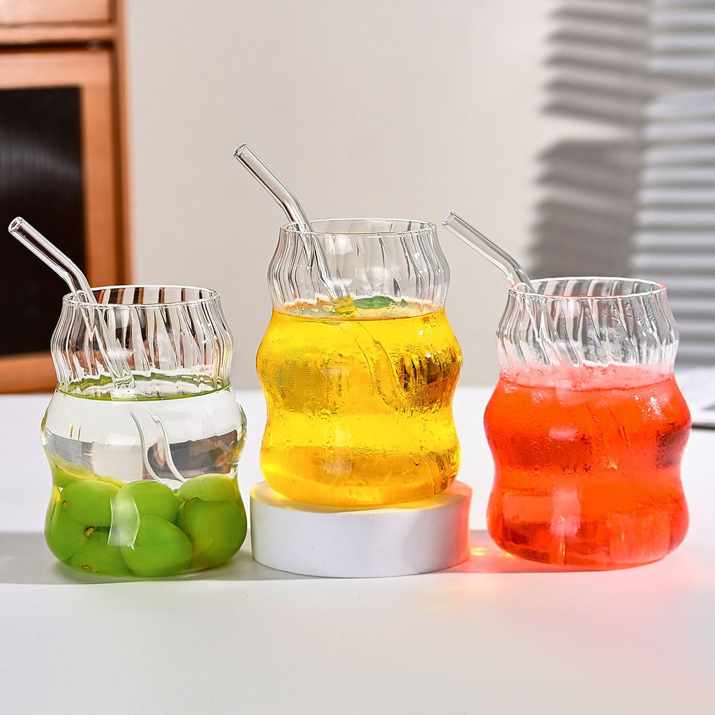 6-Pack Borosilicate Glass Cups with Straws - Microwave Safe Striped Cloud