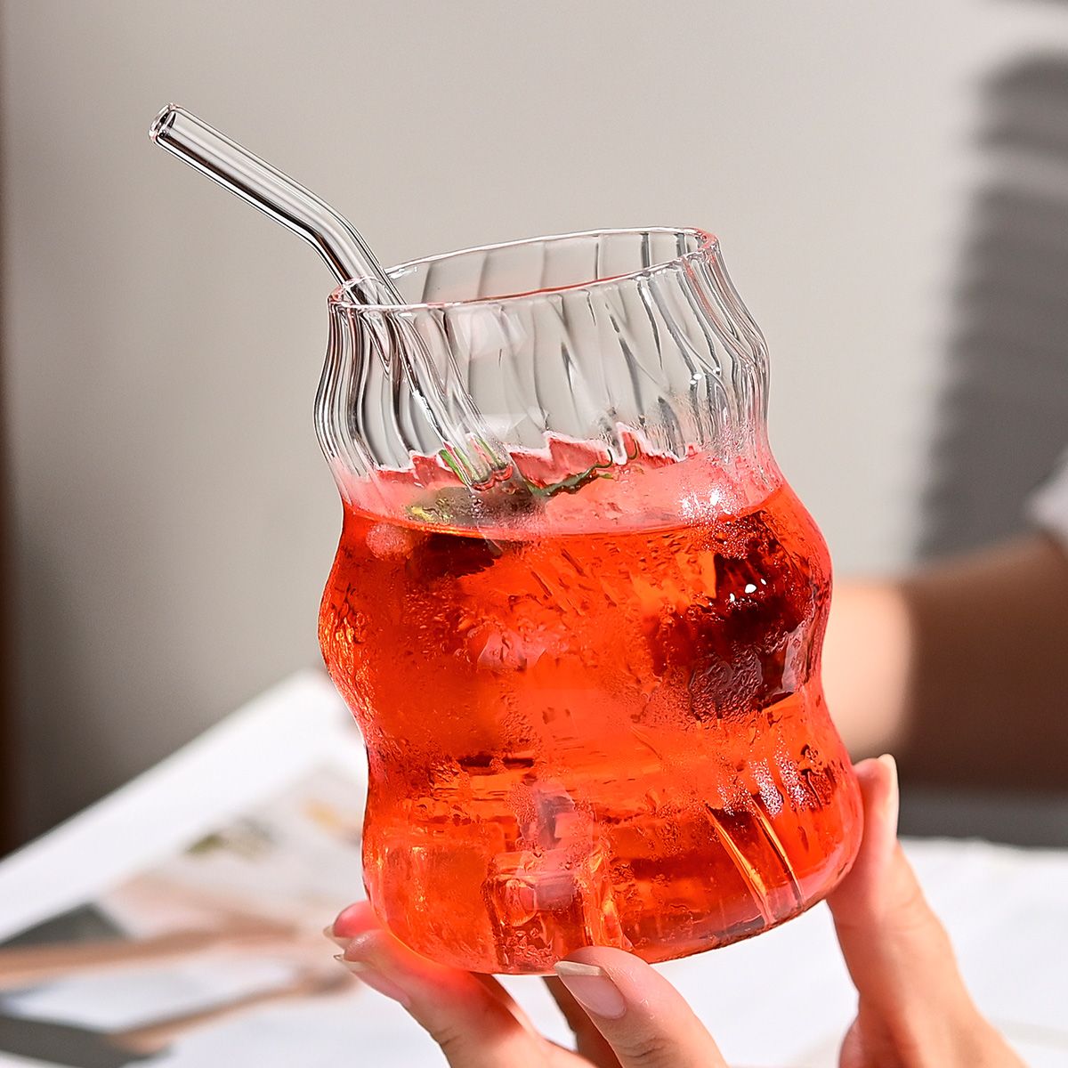 6-Pack Borosilicate Glass Cups with Straws - Microwave Safe Striped Cloud